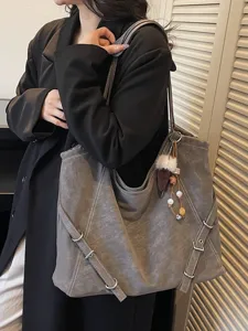 Large capacity grey retro shoulder tote bag for women, casual autumn winter underarm handbag.