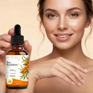 Flacon pipette huile visage argousier détail montrant formule bio soin peau et cheveux.