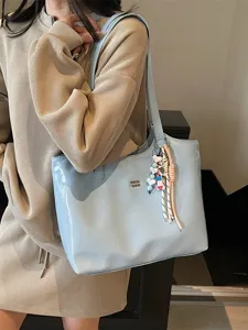 Elegant large capacity light blue tote bag for women, stylish PU leather shoulder bag.