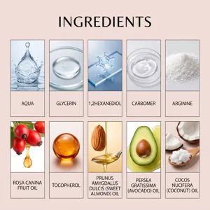Infografica degli ingredienti chiave dell'olio corpo con oli vegetali naturali.