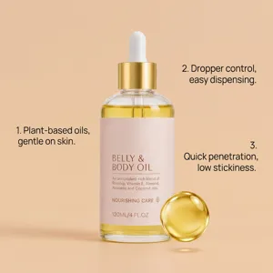 Vista dettagliata di un flacone di olio corpo da 120 ml con contagocce dorato e formule nutrienti.