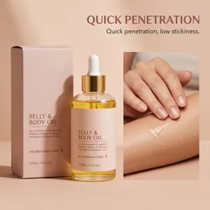 Olio nutriente corpo e pancia a rapido assorbimento e bassa appiccicosità per la cura.