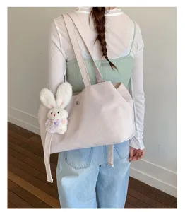 Casual nylon tote bag for women, large capacity shoulder bag with cute rabbit pendant daily use.