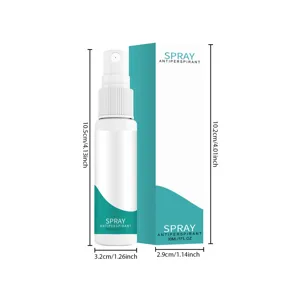 Detailansicht der 30ml weißen Antitranspirant-Sprühflasche und Verpackung mit Maßen.