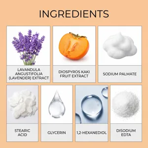 Detalle de ingredientes del jabón de caqui con extracto de lavanda y componentes botánicos.