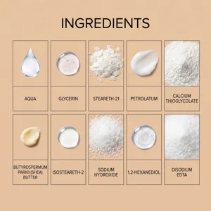Infographie détaillée des ingrédients montrant les composants cosmétiques pour le soin capillaire.
