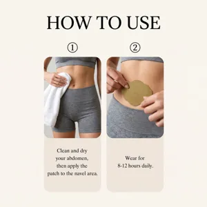 Vue detaillee du guide d'utilisation du patch abdominal montrant les etapes d'application.