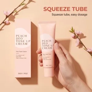 Peach deodorant tone up cream for underarm and body care, 50g portable squeeze tube.