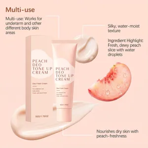 Peach underarm care cream detail showing silky moisturizing texture, gentle body skin care.