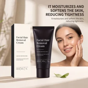 Vue détaillée du tube et de la boîte de crème dépilatoire faciale douce pour une peau lisse.