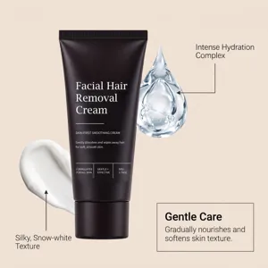 Detail de creme depilatoire visage avec texture blanche neige lisse et hydratation intense.