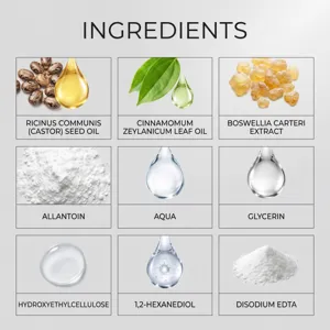 Vista detallada de ingredientes de gotas para el cuidado corporal con extractos vegetales.