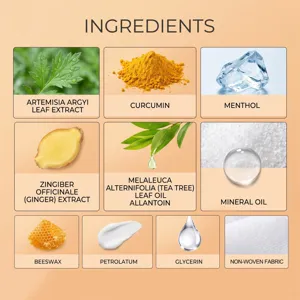 Detailed ingredients view showing natural extracts and soothing materials for body care patch.