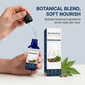 Primer plano detallado del frasco gotero de gotas para ombligo con hoja de ricino natural.