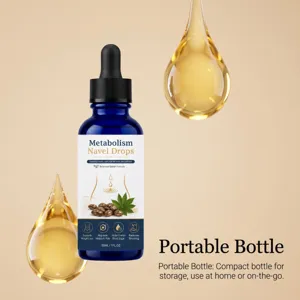 Detalle de botella de gotas umbilicales metabólicas portátiles con gotero y gotas de aceite.