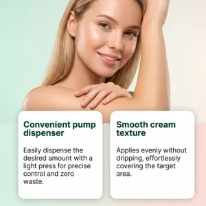 Vue détaillée montrant la texture de crème lisse et le distributeur pratique de crème dépilatoire.