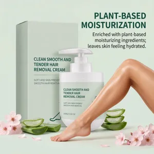 Vue détaillée du flacon de crème dépilatoire végétale avec aloe vera et décor floral.