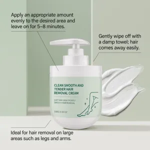 Crème dépilatoire douce en flacon pompe avec texture onctueuse pour une application corporelle.