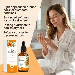 Gros plan sur l'huile d'argousier montrant le soin naturel de la peau et des ongles.