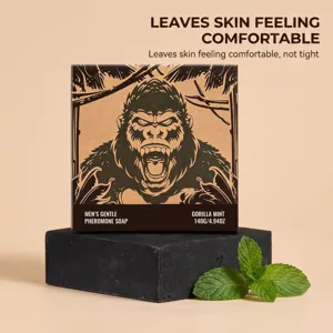 Vue détaillée de la boîte de savon phéromone doux pour homme avec motif gorille et menthe.