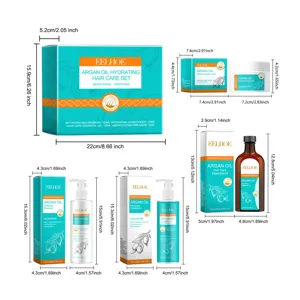 Detailansicht des EELHOE Arganöl Haarpflege-Sets mit genauen Produktabmessungen und Verpackung.