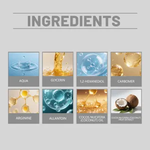 Detalles de los ingredientes del aceite corporal hidratante de coco natural para piel.