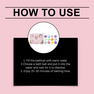OceAura bath bomb gift set detail showing colorful fizzy bath balls and usage instructions.