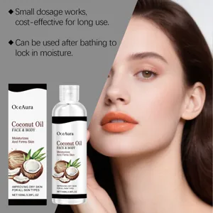 Detalle del aceite facial y corporal de coco, fórmula hidratante para el cuidado diario de la piel.