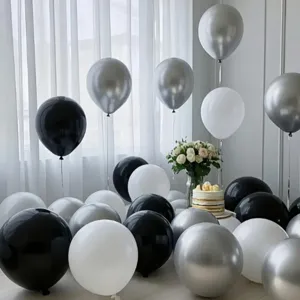 Ballons en Latex Métalliques Noir Blanc Argent Ensemble de Ballons Confetti pour Anniversaire Fête Mariage Décoration d'Événement