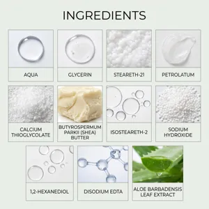 Detailed view of hair removal mousse ingredients, showing active raw extracts and textures.