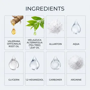 Gedetailleerd overzicht van actieve huidverzorgingsingrediënten en plantenextracten.