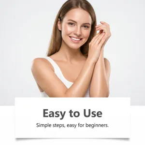 Smooth skin model showing easy hair removal steps for face and limbs, clean detail view.