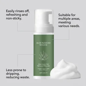 Aloe vera hair removal mousse detail view showing pump bottle, soft foam, and smooth texture.