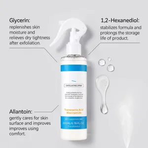 Detailansicht des Peeling-Sprays mit transparenter Flasche und wichtigen Inhaltsstoffen.