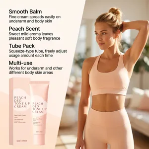 Peach deodorant cream detail showing smooth balm texture, tube packaging and soft skin scent.