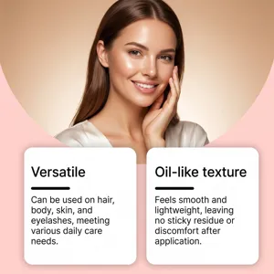 Vue détaillée de la texture d'huile de soin multi-usage et caractéristiques capillaires.