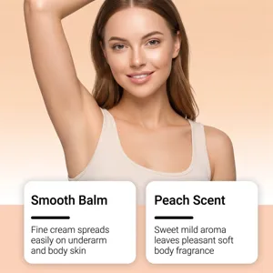 Peach underarm care cream detail shot, showing smooth balm texture on skin for daily use.