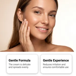 Détail de crème dépilatoire pour le visage montrant une formule douce et application.
