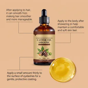 Détail de l'huile de soin de ricin montrant une texture dorée pure et un flacon compte-gouttes.