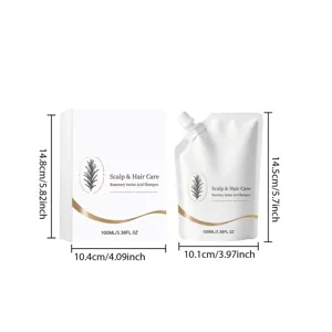 Rosemary amino acid shampoo bottle detail view showing size dimensions and clear packaging.