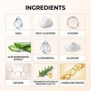 Detailed ingredient chart showing active components like rosemary leaf oil, aloe and keratin.