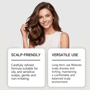 Scalp serum detail showing gentle formula for oily and sensitive scalps, relieving dryness.