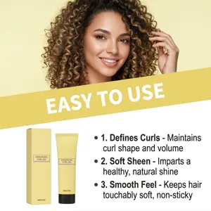 Curl enhancing gel detail view showing product tube, box, and key curl definition benefits.