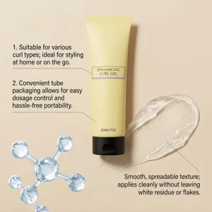 Curl styling gel detail view showing smooth spreadable texture and convenient tube packaging.