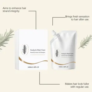 Detail shot of Rosemary Amino Acid Shampoo bottle and box with herbal leaf prop decoration