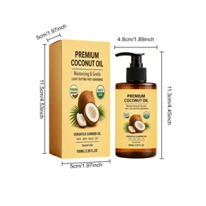 Premium coconut oil 100ml bottle with box detail and dimension specifications view.