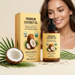 Detail view of pure coconut oil bottle and box packaging with fresh coconut and green leaves.