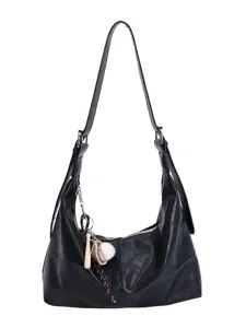 Black leather hobo shoulder bag for women, large capacity stylish dumpling crossbody bag main view