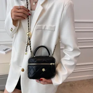 Black quilted mini vanity bag with gold chain handle elegant women crossbody shoulder bag