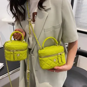Green quilted mini top handle crossbody bag for women, stylish cute shoulder box bag for daily use.
